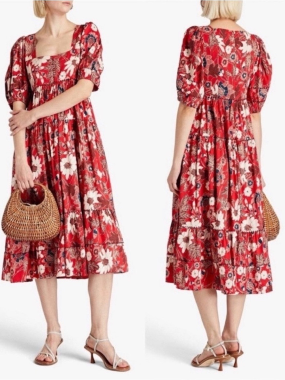 Ulla Johnson Red Floral Square-Neck Midi Dress